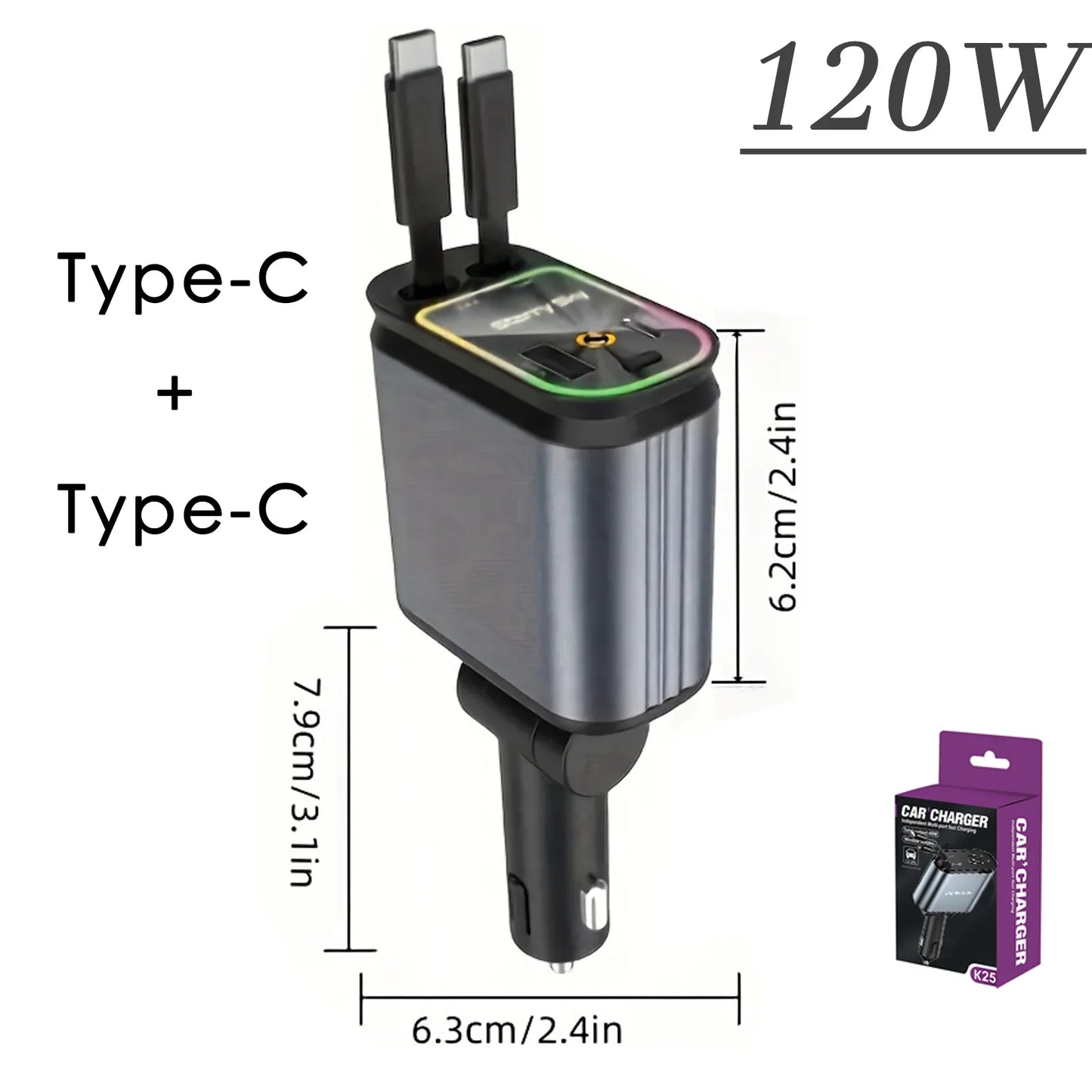 Car Retractable 4 in 1 Fast Charger With Roof Lighting - Wholesalus