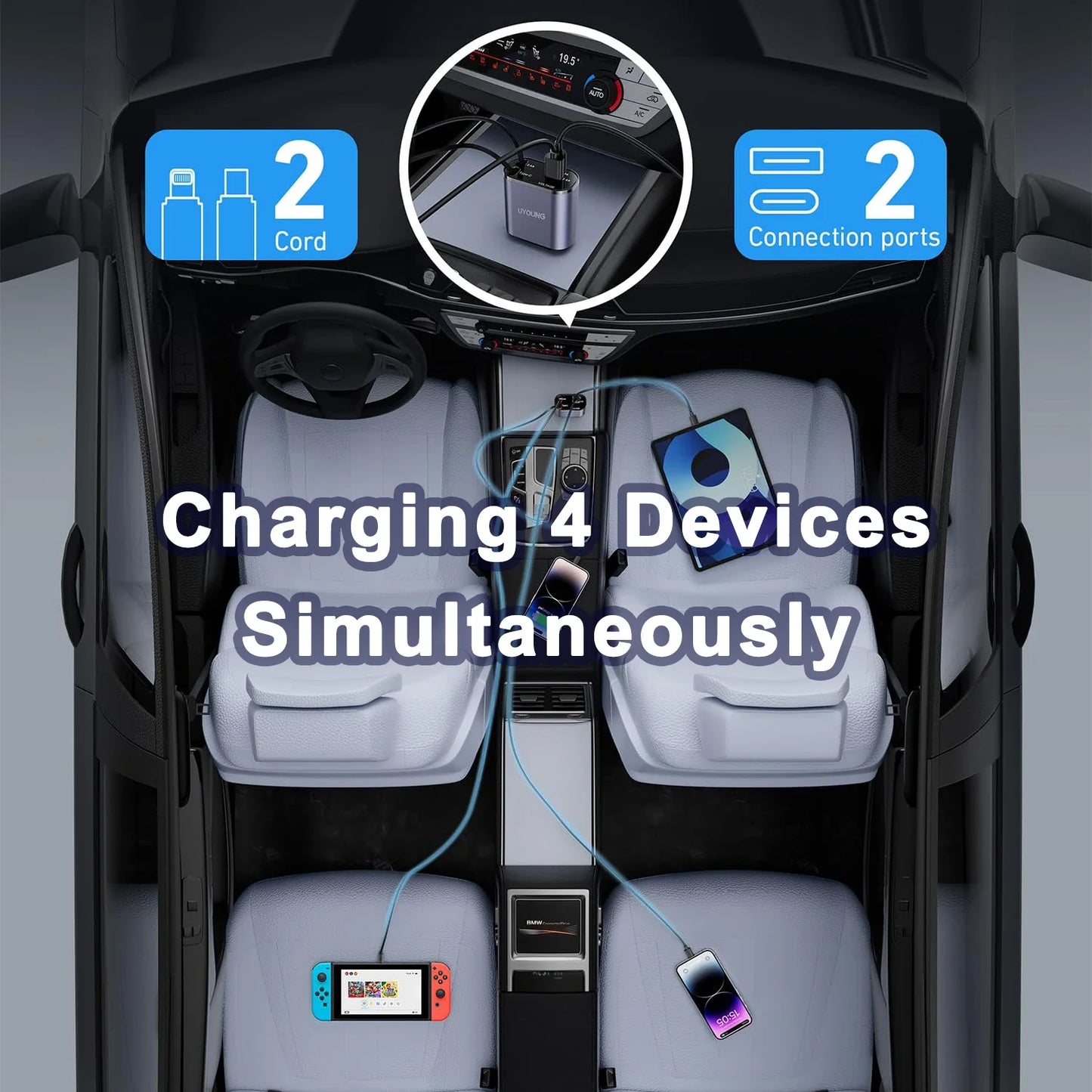 Car Retractable 4 in 1 Fast Charger With Roof Lighting - Wholesalus