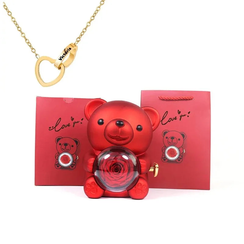 Rose Hugging Bear Gift Box With Necklace - Wholesalus