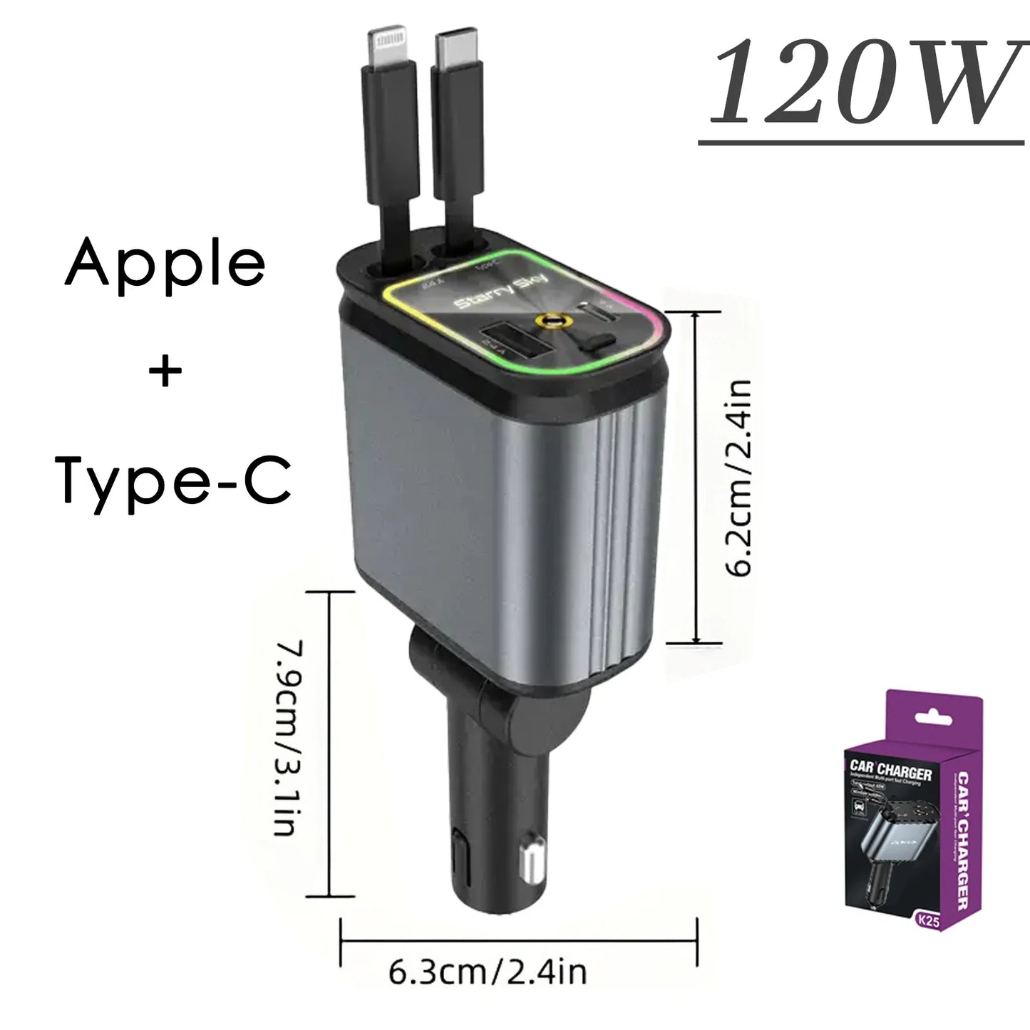 Car Retractable 4 in 1 Fast Charger With Roof Lighting - Wholesalus