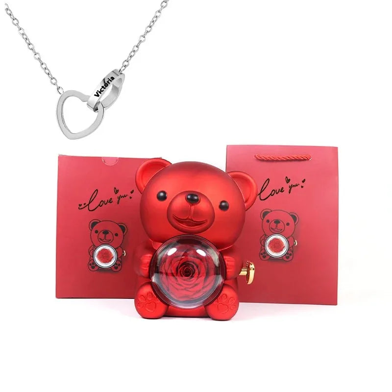 Rose Hugging Bear Gift Box With Necklace