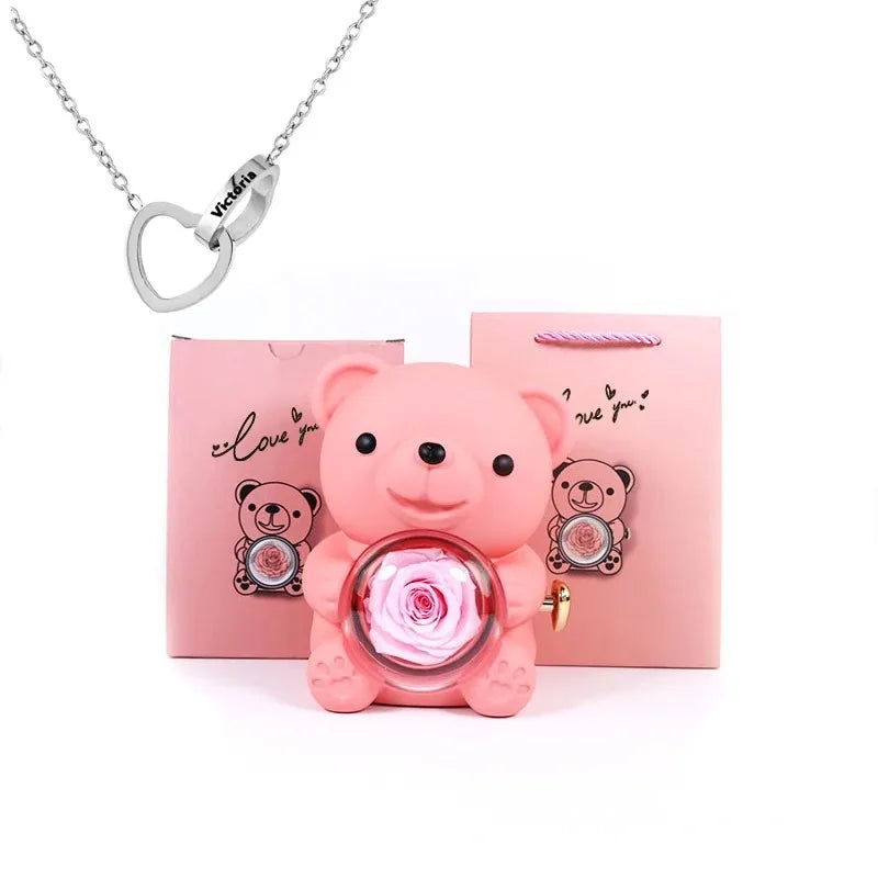 Rose Hugging Bear Gift Box With Necklace