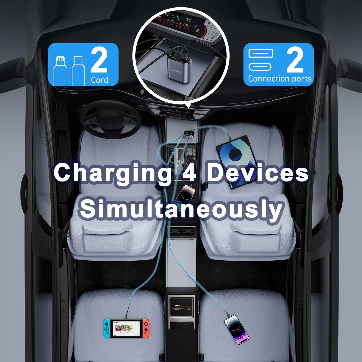 Car Retractable 4 in 1 Fast Charger With Roof Lighting - Wholesalus