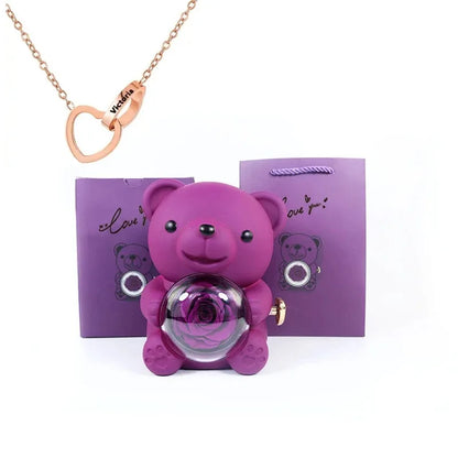 Rose Hugging Bear Gift Box With Necklace - Wholesalus