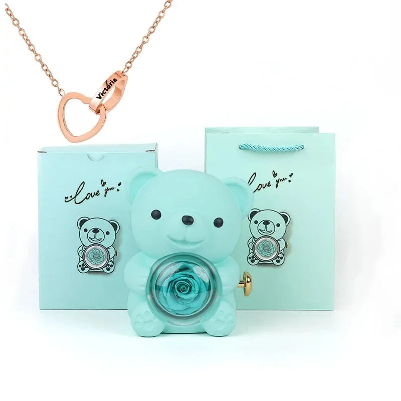 Rose Hugging Bear Gift Box With Necklace