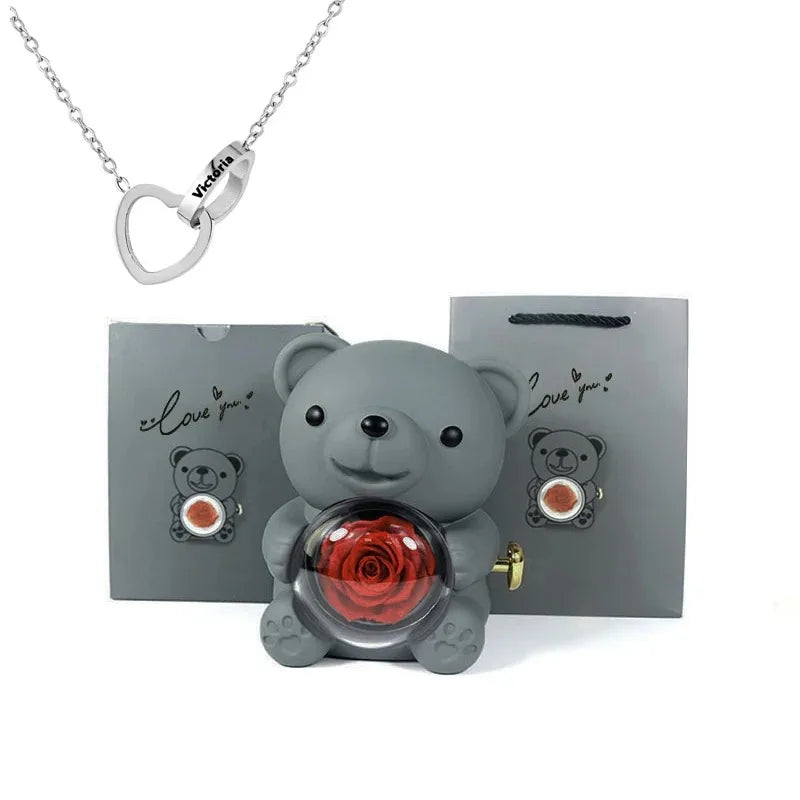 Rose Hugging Bear Gift Box With Necklace