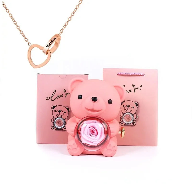 Rose Hugging Bear Gift Box With Necklace