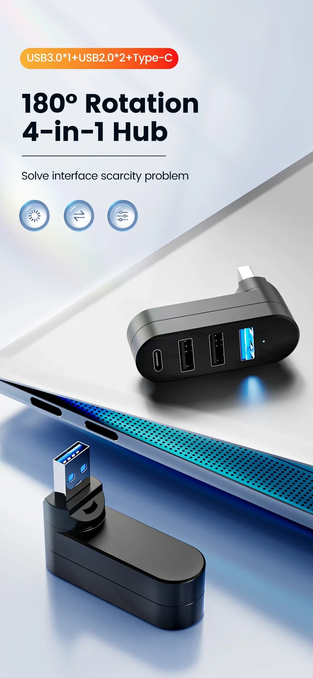 Mini 180° Rotatable USB Hub - Wholesalus
