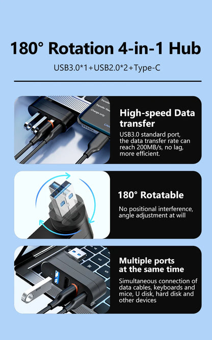 Mini 180° Rotatable USB Hub - Wholesalus