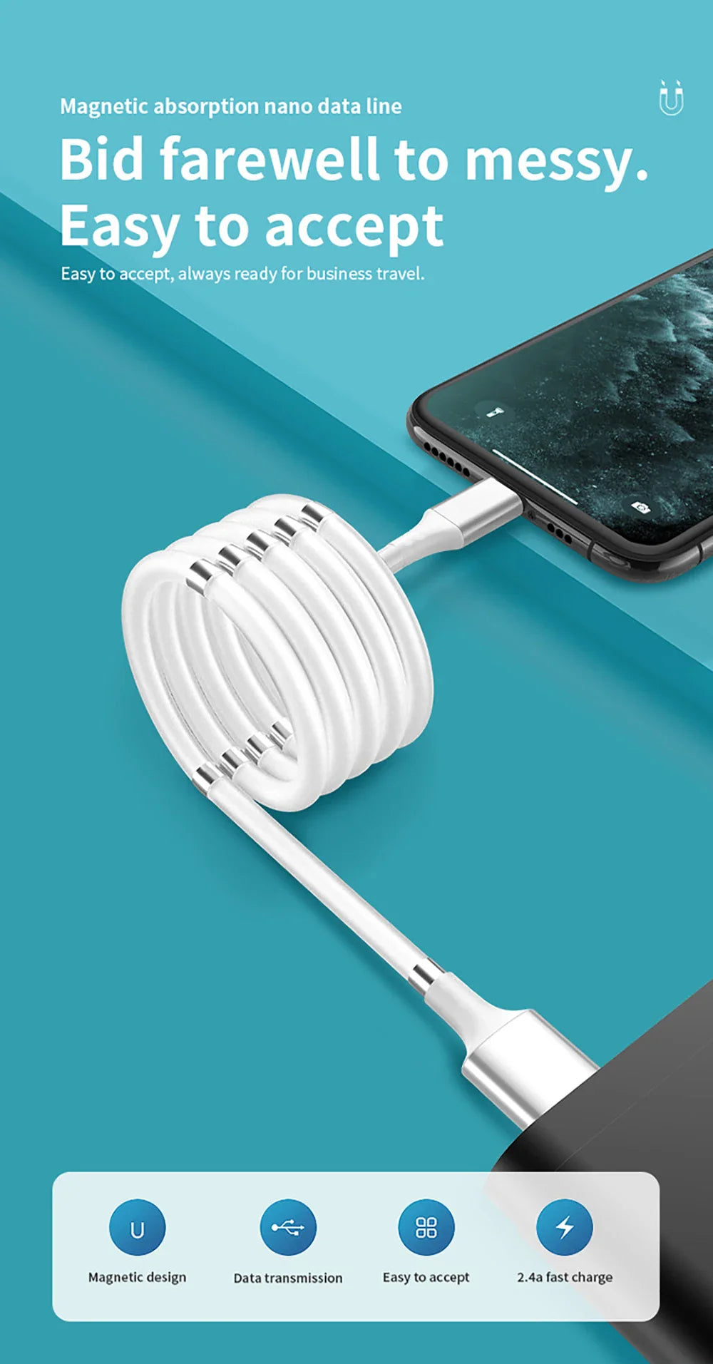 Self Winding Magnetic Fast Charging Data Cable - Wholesalus